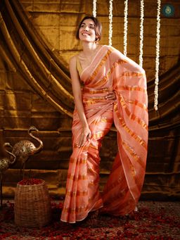 Ethnic Elements - Candy Peach Golden Zari Stripped Mul Cotton Saree without Blouse