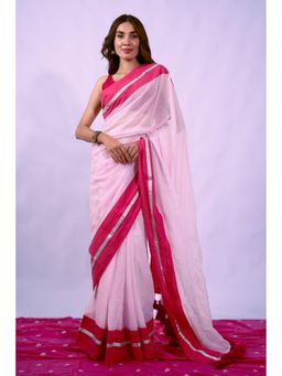 Ethnic Elements - Zari Aura Mul Cotton Contrast Border Blush Pink Mist Saree without Blouse