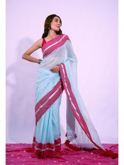 Ethnic Elements - Zari Aura Mul Cotton Contrast Border Icy Blue Breeze Saree without Blouse
