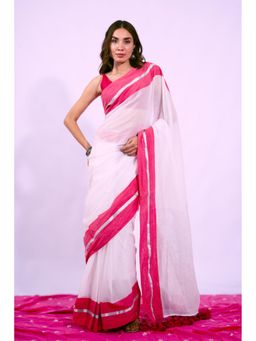 Ethnic Elements - Zari Aura Mul Cotton Contrast Border Snow Veil White Saree without Blouse