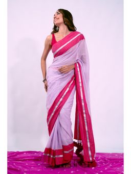 Ethnic Elements - Zari Aura Mul Cotton Contrast Border Dewy Lavender Saree without Blouse