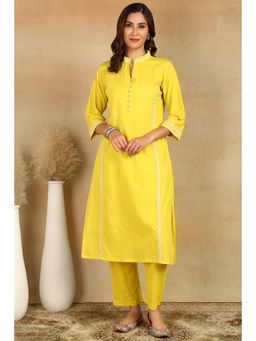 TAHILIYA - Yellow Embroidered Cotton Kurta with Pant (Set of 2)