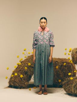 Prakriti Jaipur - Green Floral Midi Dress With Ties