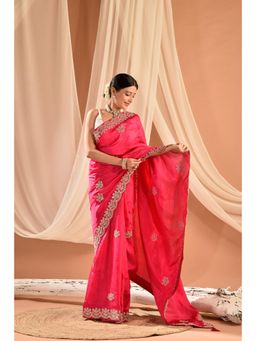 Sutra Attire - Pink Pittan Work Silk Saree with Unstitched Blouse