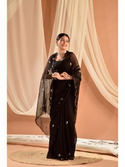 Sutra Attire - Black Chiffon Work Saree with Unstitched Blouse