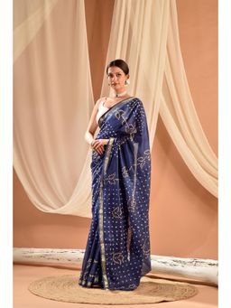 Sutra Attire - Navy Blue Hand Bandhani Silk Saree with Unstitched Blouse