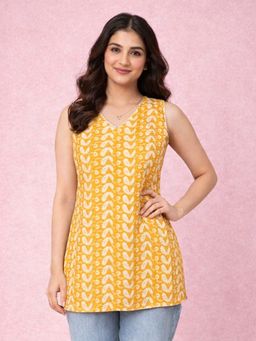 Vastramay - Yellow Embroidered V-Neck Sleeveless Kurti