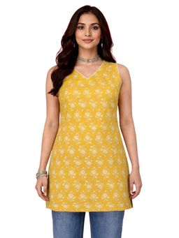 Vastramay - Yellow Floral Print Sleeveless Kurti