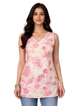 Vastramay - Pink Floral Print Sleeveless Kurti