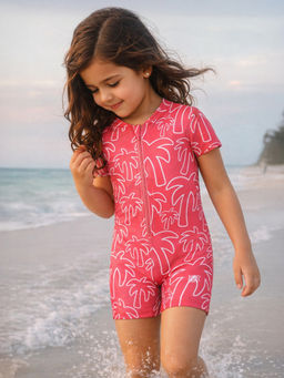 Somersault - Girls All Over Printed Pink Polyester Swimsuit