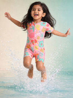 Somersault - Girls All Over Printed Pink Polyester Swimsuit