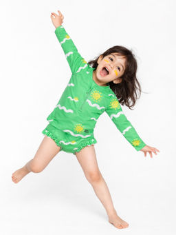 Somersault - Girls All Over Printed Green Polyester Swimsuit
