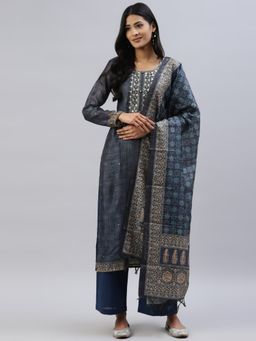 Readiprint - Navy Blue Chanderi Silk Unstitched Dress Material (Set of 3)