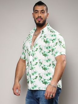 Instafab Plus - Mens Green & White Botanical Strokes Shirt