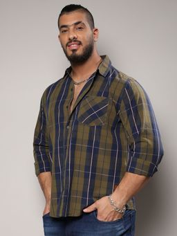 Instafab Plus - Mens Olive Green Tartan Plaid Shirt