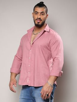 Instafab Plus - Mens Flamingo Pink Self-Design Striped Shirt