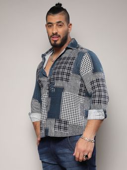 Instafab Plus - Mens Navy Blue Herringbone Block Shirt