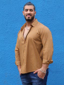 Instafab Plus - Mens Tan Brown Micro Flower Shirt