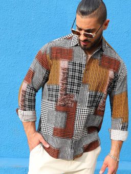 Instafab Plus - Mens Brown Herringbone Block Shirt