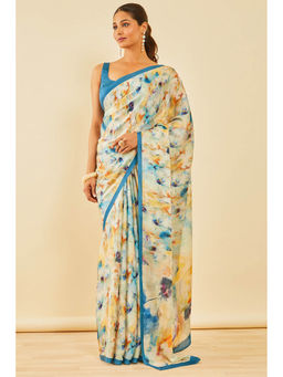 Soch - Women Blue Floral Print Crepe Saree with Unstitched Blouse