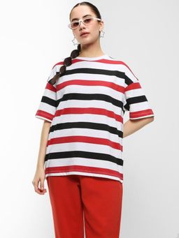 Bewakoof - Women's Black & Red Striped Oversized T-shirt