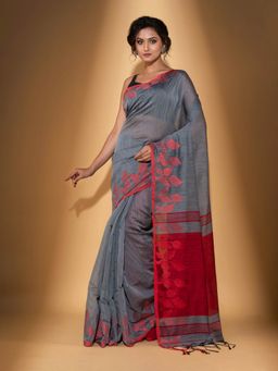 Beatitude - Grey Blended Cotton Woven Saree with Unstitched Blouse