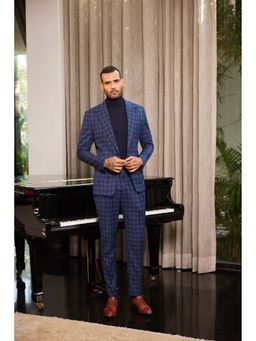 Philocaly - Glencheck Slim Fit Checks Blue Blazer and Trousers