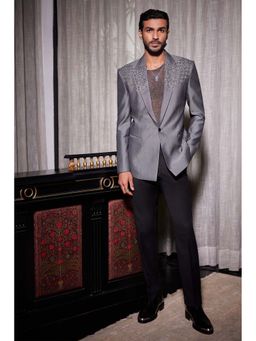 Philocaly - Luminar Regular Fit Embroidered Silver Tuxedo