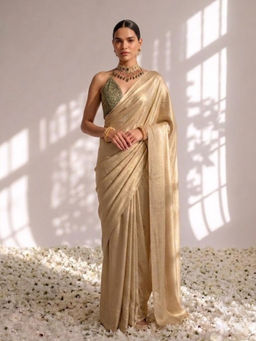 Swtantra - Champagne Gold Chiffon Saree with Unstitched Blouse