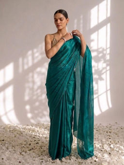 Swtantra - Green Metallic Satin Saree with Unstitched Blouse