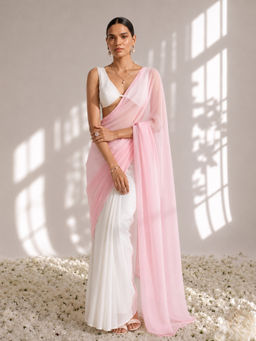 Swtantra - White with Pink Chiffon Saree with Unstitched Blouse