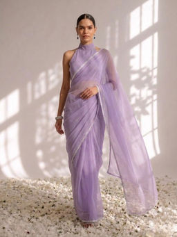 Swtantra - Purple Chiffon Saree with Unstitched Blouse