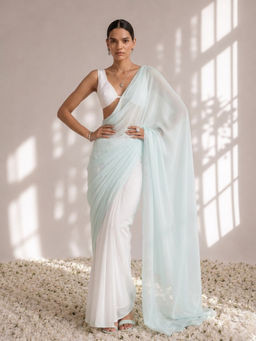 Swtantra - White and Light Blue Saree with Unstitched Blouse