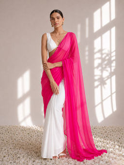 Swtantra - White and Neon Pink Saree with Unstitched Blouse