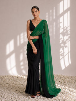 Swtantra - Black and Green Georgette Triangle Saree with Unstitched Blouse