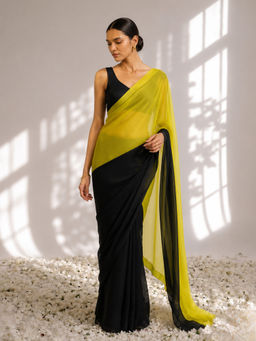 Swtantra - Black and Yellow Georgette Triangle Saree with Unstitched Blouse