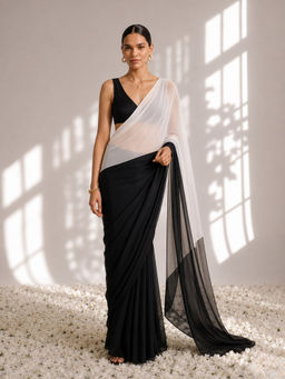 Swtantra - Black and White Georgette Triangle Saree with Unstitched Blouse