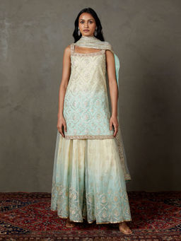 RI.Ritu Kumar - Off White Aqua Machine & Hand Emb Sterling Kurti with Gharara & Dupatta (Set of 3)