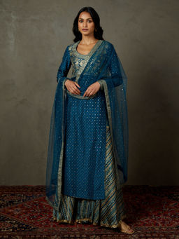 RI.Ritu Kumar - Midnight Blue Ari-Hand Emb Ashvika Kurta with Gharara & Dupatta (Set of 3)