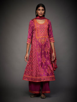 RI.Ritu Kumar - Purple Multi Kashida Med-Hand Anantnag Kurta with Palazzo & Dupatta (Set of 3) (M)