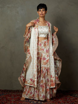 RI.Ritu Kumar - Off White Multi Thread Hand Emb Dahlia Jacket with Bustier & Palazzo (Set of 4)