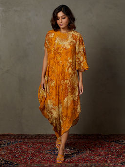 RI.Ritu Kumar - Yellow Ochre Kylie Floral Dress with Inner (Set of 2)