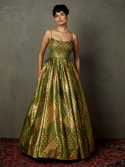 RI.Ritu Kumar - Pine Green Ecru Zardozi Med-Hand Emb Rajwadi Dress