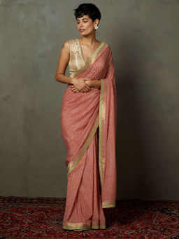 RI.Ritu Kumar - Old Rose, Beige Machine & Hand Emb Sohini Saree with Unstitched Blouse (M)
