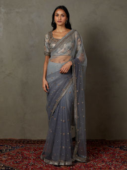 RI.Ritu Kumar - Grey Machine & Hand Emb Hasika Saree with Stitched Blouse (M)