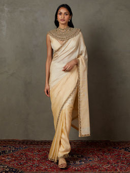 RI.Ritu Kumar - Off White Multi Machine & Hand Emb Deepali Saree with Stitched Blouse (M)