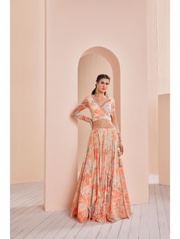 MANDIRA WIRK - Chiffon Printed Lehenga with Wrap Around Blouse (Set of 3)