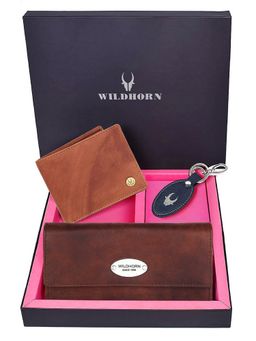 WILDHORN - Premium Leather Ladies Wallet, Mens Wallet and Keychain Gift -1K_CR_2052TAV_K (Set of 3)