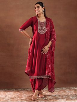 Gerua By Libas - Red Silk Blend Yoke Design Kurta Sets for Women