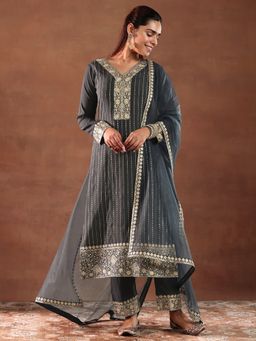 Libas - Grey Silk Blend Embroidered Kurta Sets for Women